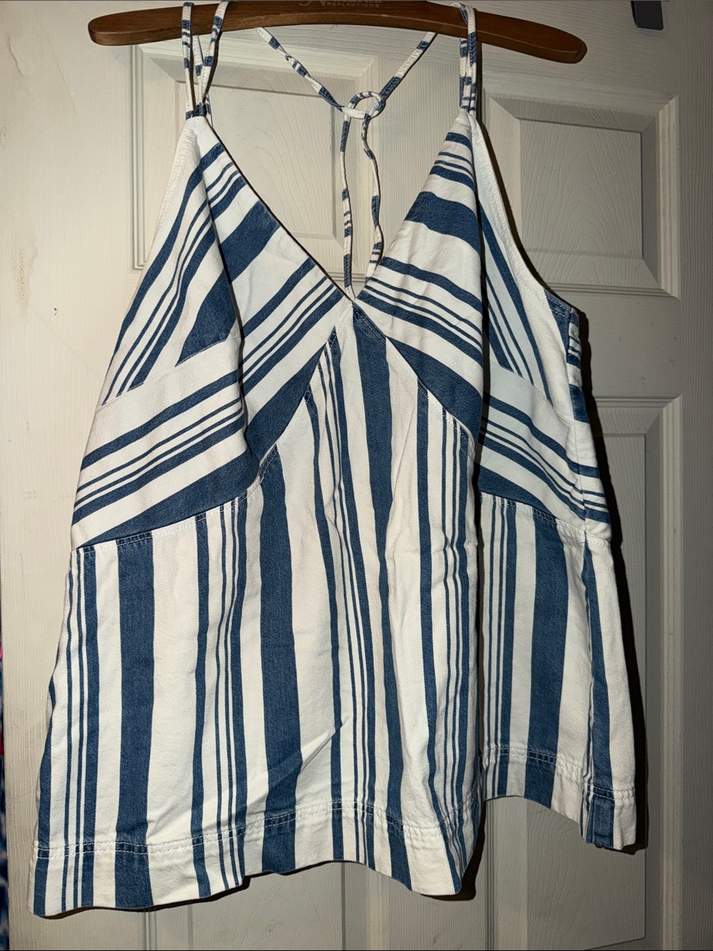Women’s Blue & White Striped V-Neck Spaghetti Strap Denim Tank Top